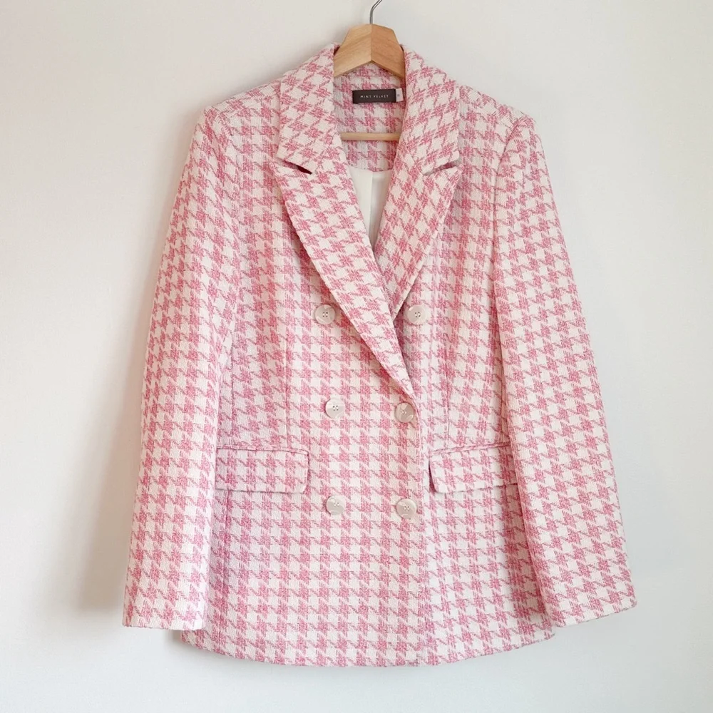 • NWOT! • Mint Velvet coton blend pink and white houndstooth blazer - Picture 2 of 11